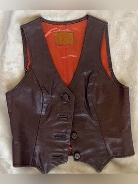 Brown genuine Leather Vintage Button-Up Vest with Orange Lining